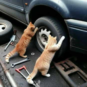AI generated image of cats changing car tyres