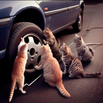 AI image of cats changing car tyres