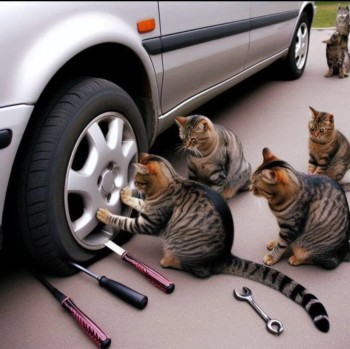 AI generated image of cats changing tyres