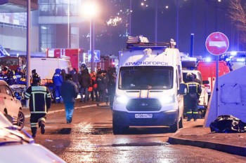 Street view of aftermath of the Crocus City Hall attack