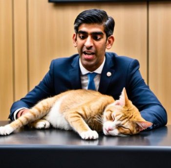 AI image of Rishi Sunak with a dead cat on a desk