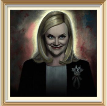 A painting of Liz Truss looking evil and manic