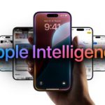 Branding image. Lots of images of iPhones receding into the background either side of a central large image of an iPhone. The words Apple Intelligence are overlaid across the phones.