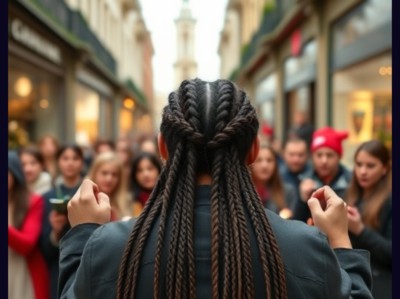 Realistic AI image of a view of the back of black woman with long braids shaking her fists at out of focus carol singers in a shopping street.