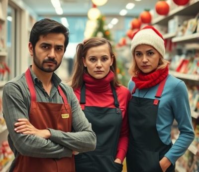 AI generated image of three adult shop workers standing in a shop aisle with Christmas decorations in the background. One man and two women. The man is Asian looking with shortish hair with beard and moustache. His arms are folded and he is wearing a dark red apron. The middle woman has longish dark hair clipped back. She is wearing a bright red jumper and a black apron. The woman on the right has shortish blonde hair poking out from under a Santa hat. She has a bright red scarf around her neck. She is also wearing a mid-blue long sleeve top and a black apron with red straps.