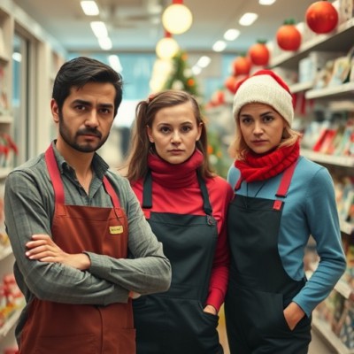 AI generated image of three adult shop workers standing in a shop aisle with Christmas decorations in the background. One man and two women. The man is Asian looking with shortish hair with beard and moustache. His arms are folded and he is wearing a dark red apron. The middle woman has longish dark hair clipped back. She is wearing a bright red jumper and a black apron. The woman on the right has shortish blonde hair poking out from under a Santa hat. She has a bright red scarf around her neck. She is also wearing a mid-blue long sleeve top and a black apron with red straps.