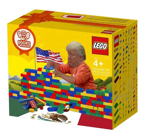 A LEGO box with a picture of Donald Trump building a wall out of LEGO