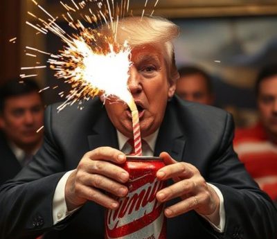 AI image of Trump holding a can of drink with a drinking straw. An explosion is coming from the top of the straw