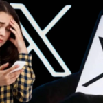 Young adult female with her had to her forehead looking at a phone, The X logo is in the background