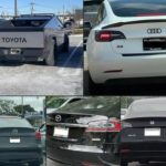 Rear shots of various Tesla cars with various different maker names and badges on including Toyota, Audi and Honda