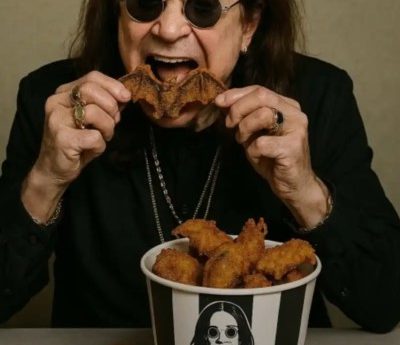 Ozzy Osbourne eating a breadcrumb coated item in the shape of a bat. There are various other breadcrumb coated bats on the table in front of him. There is also a large bucket of bats. The bucket has black vertical stripes with a stylised image of Ozzy Osbourne and the writing, SFB. Sabbath Fried Bats
