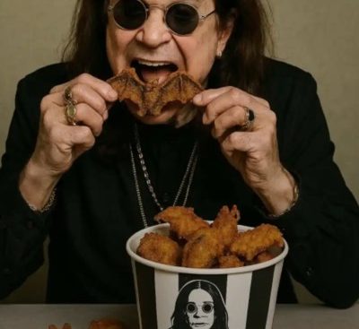 Ozzy Osbourne eating a breadcrumb coated item in the shape of a bat. There are various other breadcrumb coated bats on the table in front of him. There is also a large bucket of bats. The bucket has black vertical stripes with a stylised image of Ozzy Osbourne and the writing, SFB. Sabbath Fried Bats