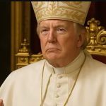 Total arse hole Donald Trump looking like a Pope sitting in a gold gilded chair, although it probably isn't actual gold because everything with him is fake. Probably just gold paint.