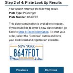 Screen grab of page from department of motor vehicles showing availability of licence plate.8647FDT