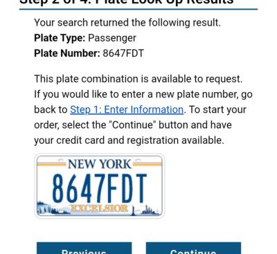 Screen grab of page from department of motor vehicles showing availability of licence plate.8647FDT