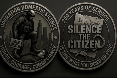 AI generated image of two faces of a US Marine Corp challenge coin. One face has the image of a Marine with his boot on the face of a figure on the ground, with the text "Operation Domestic Silence. Honor, Courage, Compliance". The other has the text "200 years of service. Silence the citizen. Is this what you signed up for?"