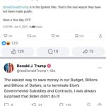 Screen grabs of two posts. Top one from Elon Musk: "Time to drop the big bomb: Donald Trump is in the Epstein files. That is the real reason they have not been made public. Have a nice day DJT!" The lower one from Donald Trump: "The easiest way to save money in our Budget. Billions and Billions of Dollars, is to terminate Elon's Government Subsidies and Contracts. I was always surprised that Biden didn't do it!"