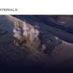 Logo and name of MP Materials company above a video still of ground being blown up to extract ores.