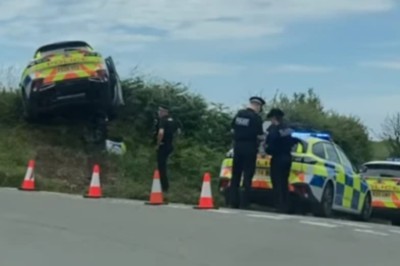 A police car parked on top of a hedge. Traffic cones on the road in front and a couple of police cars and three police officers on the road in front.