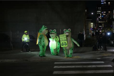 Three people in frog costumes at a pedestrian crossing at night. One is holding a placard with text Frogs Together Strong.