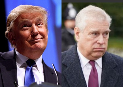 Two panel image with Trump on the left looking like a simpleton. On the right is the former prince andrew