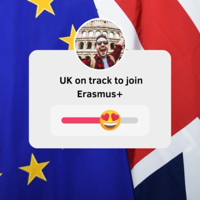 EU and British flag in background with foreground message - UK on track to join Erasmus+