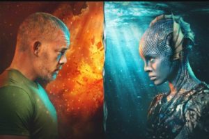 Two panel image of a man on the left with an orange background and on the right a marine humanoid female with an underwater background