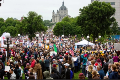 Crowds of people gathered in Minnesota State Capitol as part of the national “No Kings” day of protes