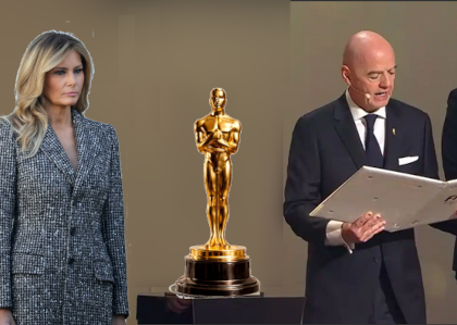 Melania Trump being presented with an oscar by the president of FIFA