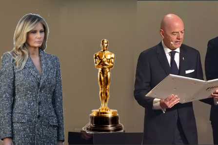 Melania Trump being presented with an oscar by the president of FIFA