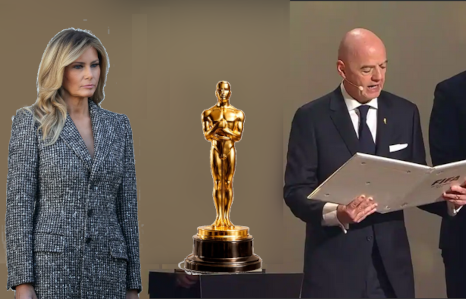 Melania Trump being presented with an oscar by the president of FIFA