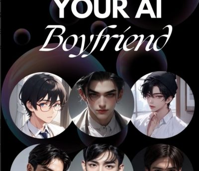 Montage of AI generated faces of young men with header text, your AI boyfriend.