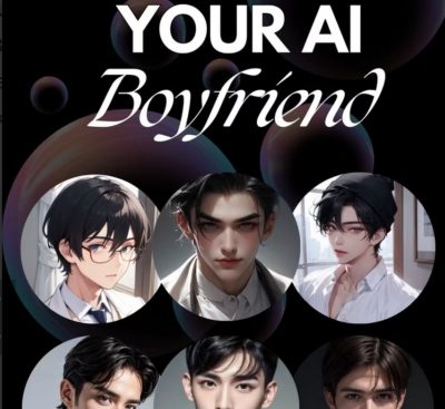 Montage of AI generated faces of young men with header text, your AI boyfriend.