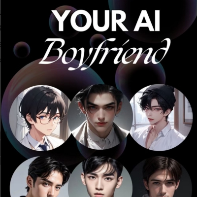 Montage of AI generated faces of young men with header text, your AI boyfriend.