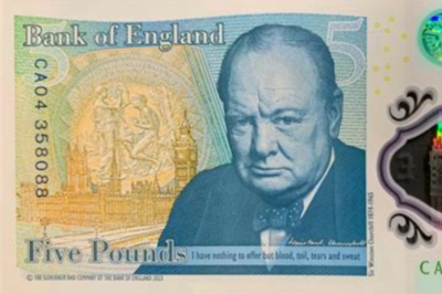 Five pound note with portrait of Winston Churchill.