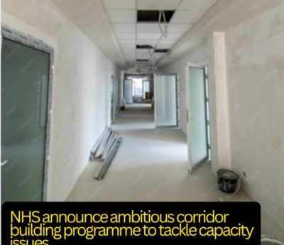 A long corridor with plastered walls and a few ceiling panels missing. Various building materials and buckets on the floor. Text - NHS announce ambitious corridor building programme to tackle capacity issues.