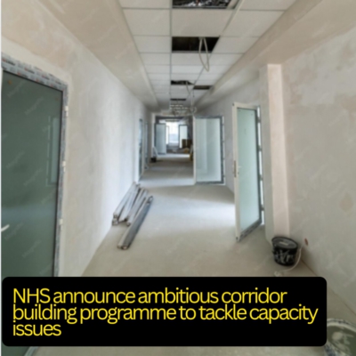 A long corridor with plastered walls and a few ceiling panels missing. Various building materials and buckets on the floor. Text - NHS announce ambitious corridor building programme to tackle capacity issues.