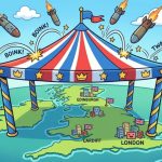 AI generated cartoon style image of the UK with a large gazebo over it with missiles bouncing off it